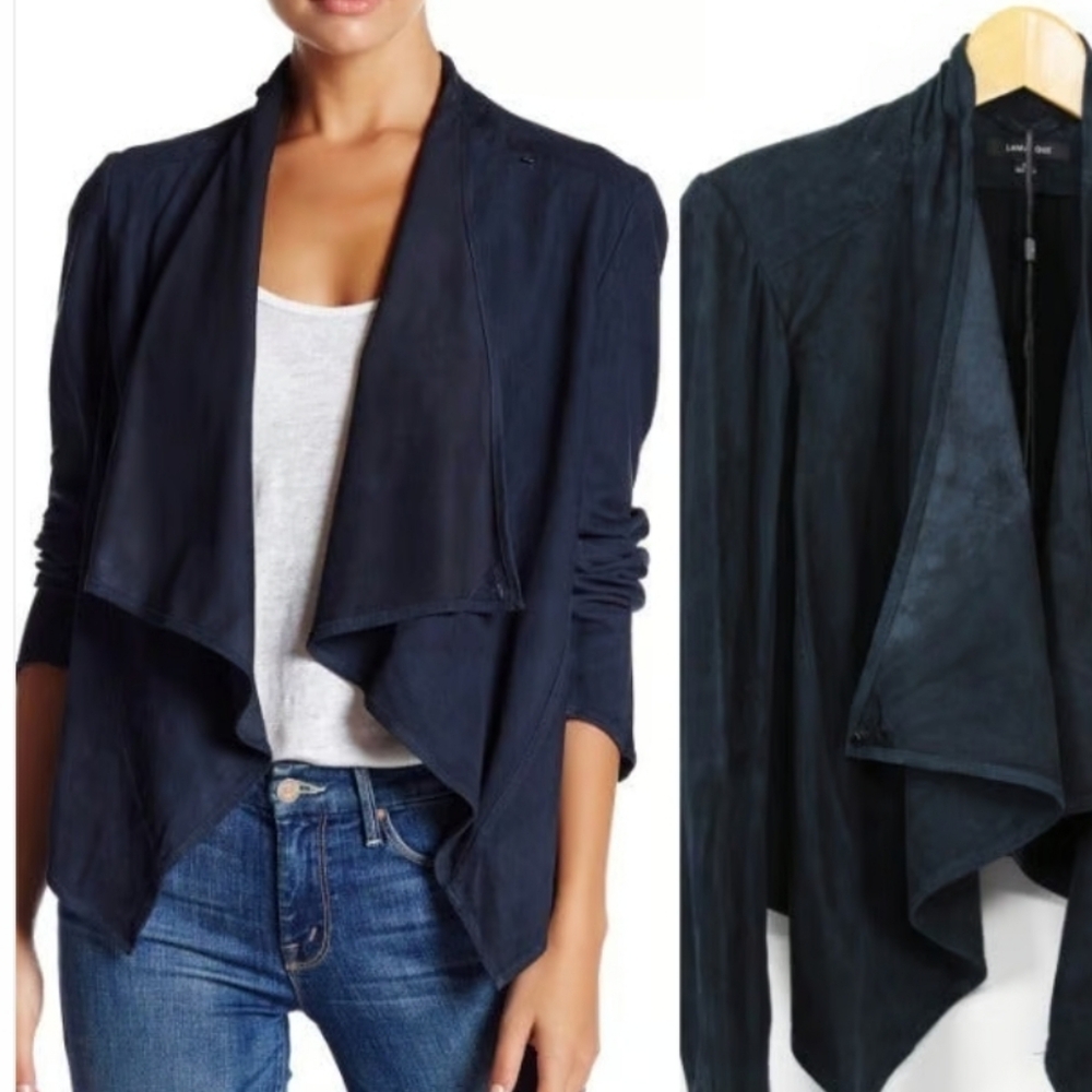 Lamarque Suede Leather Drape Neck BLUE Jacket Size 4